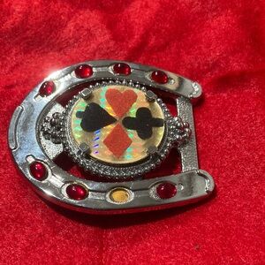 Silver Horseshoe Card Suit Charm with Red Accents